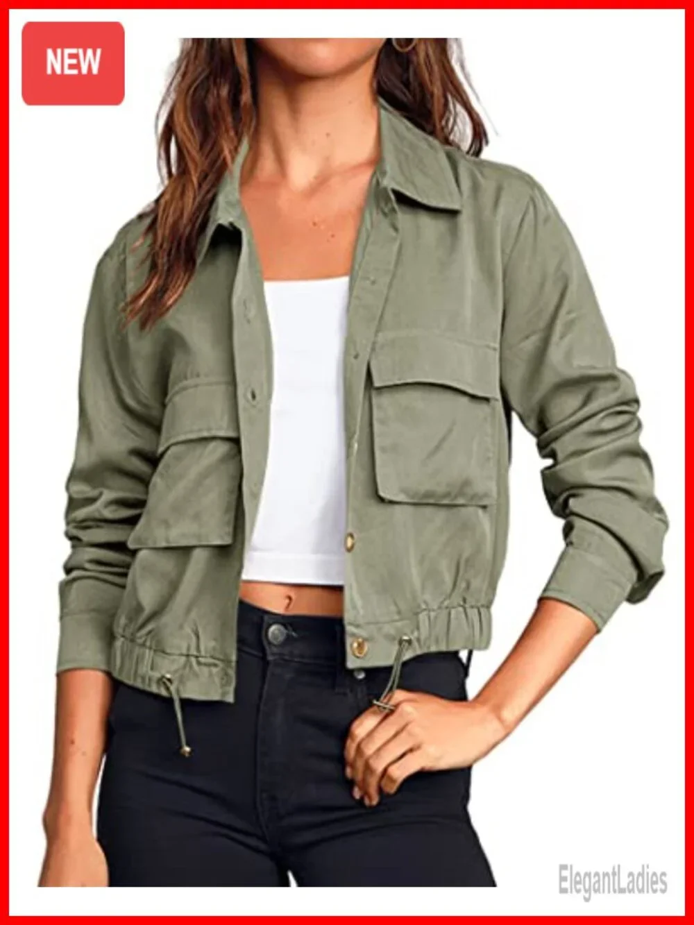 Women's Cropped Military Jacket with Pockets, Oversized Utility Anorak,